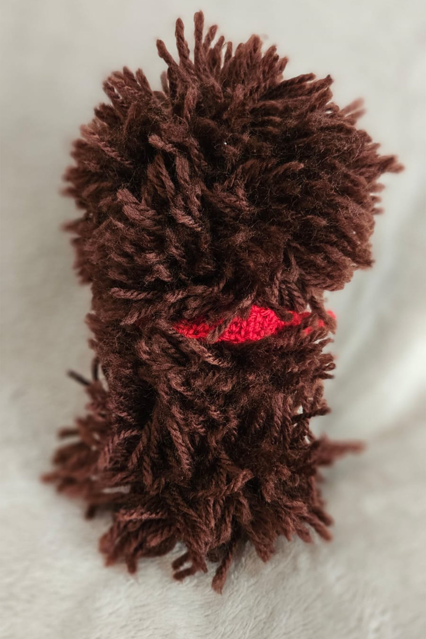 Detailaufnahme von Henrys Rücken und dem weichen roten Schal