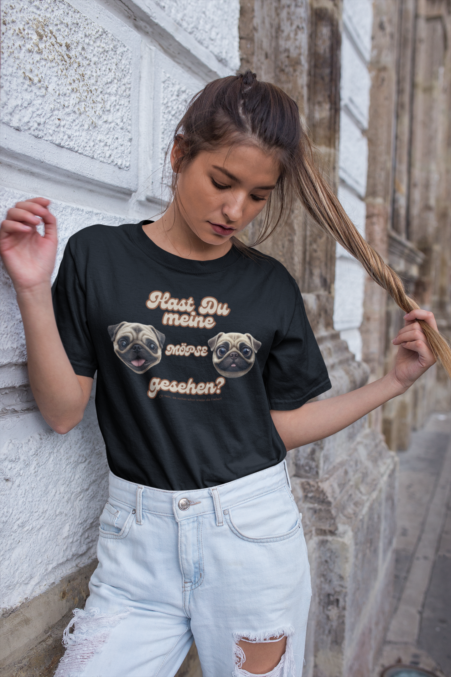 Retro Damen T-Shirt mit Hast Du meine Möpse gesehen? für Frauen mit Sinn für Humor.