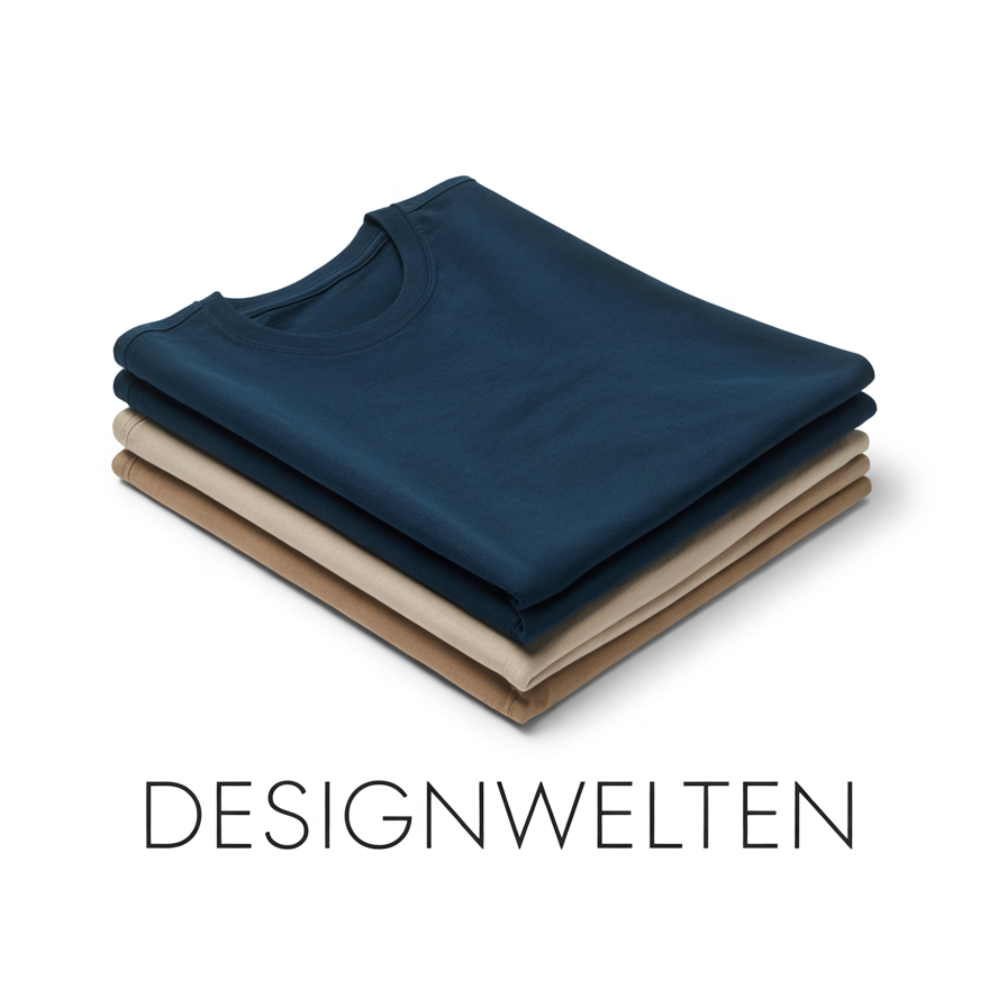 Hochwertig gefaltete Kleidung in Navy und Beige – symbolisch für thematische Familiendesigns auf weißem Hintergrund