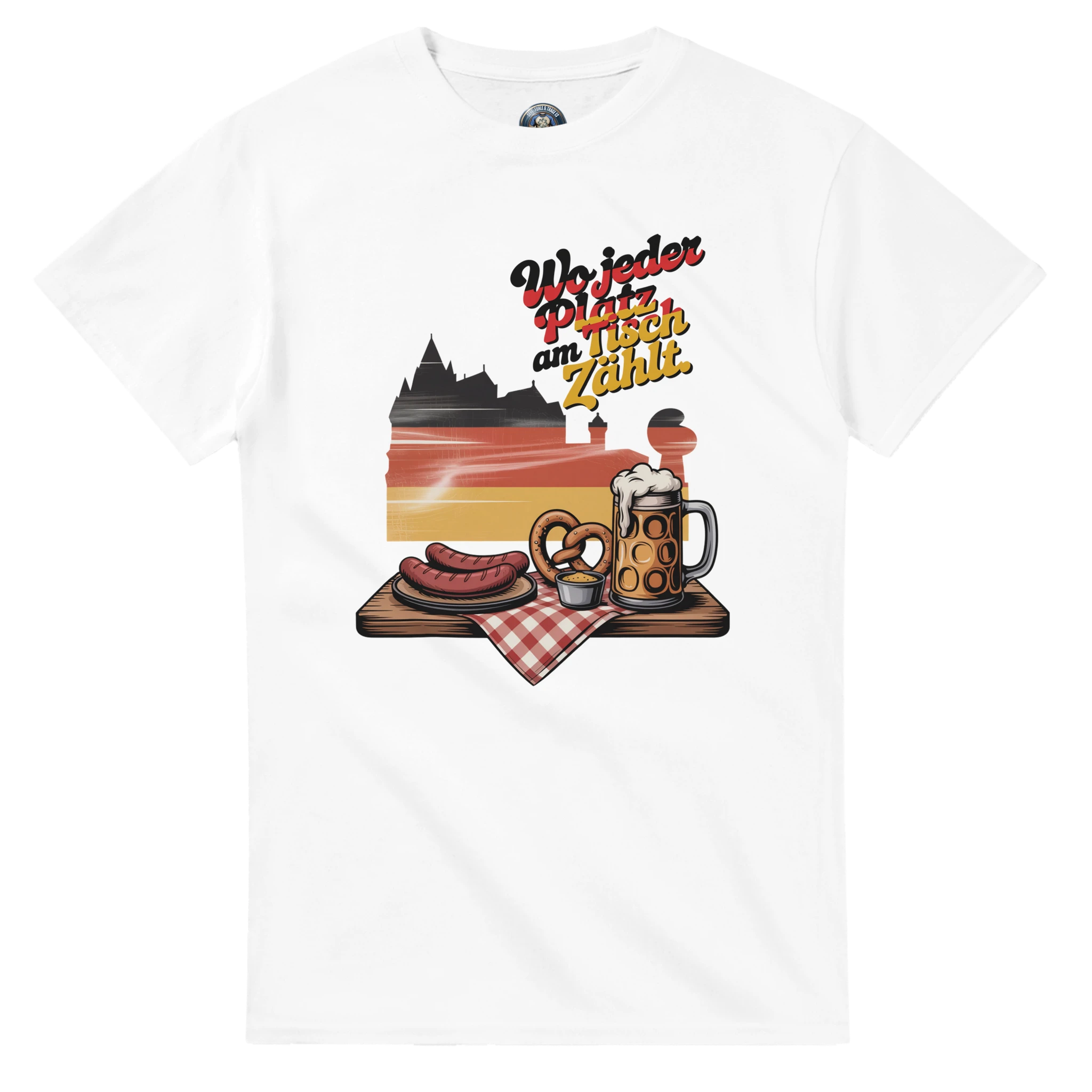 Herren-T-Shirt mit deutschem Essen und Schloss in Flaggenfarben