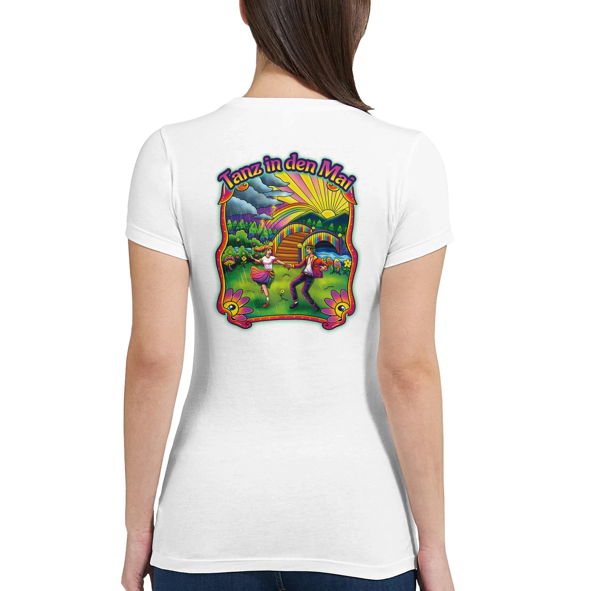 Frauen T-Shirt „Tanz in den Mai“ mit leuchtenden Neonfarben