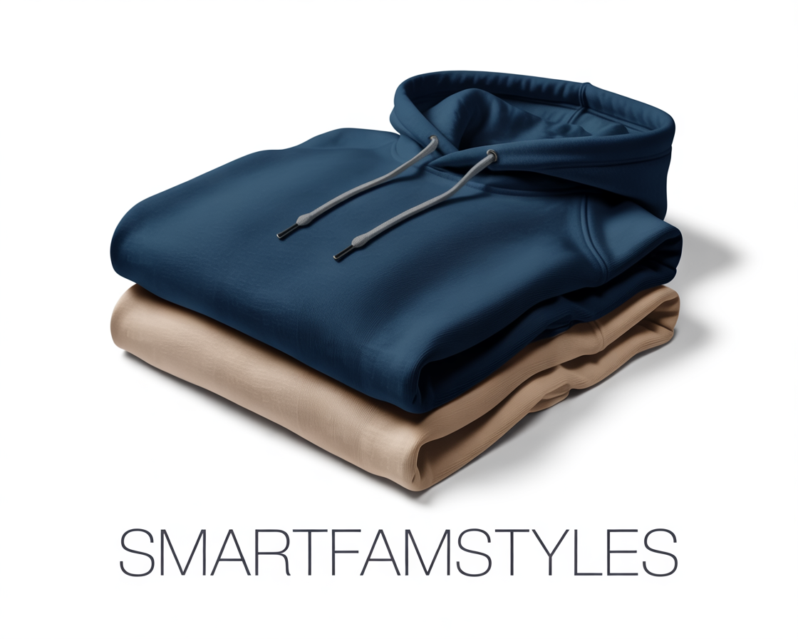 Gefaltetes dunkelblauer Hoodie mit beige Hoodie als stilvoller Familienlook auf weißem Hintergrund – SmartFamStyles Branding